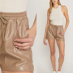 You Will Love These Solid Faux Leather High Waisted Shorts Featuring Slits At Sides. They Feature A Drawstring At Waist. Pockets At Sides. Unlined. Woven. Non-Sheer. These Are So On Trend And Can Be Worn All Year Round. 55%Pu 45%Poly Leather High Waisted Shorts, Leather Shorts, High Waisted Shorts, Vegan Leather, Faux Leather, High Waisted, Womens Shorts, Cream, Leather