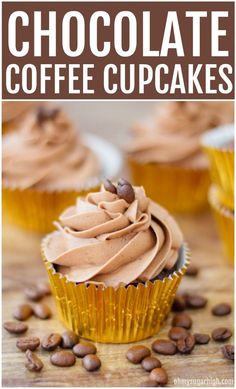 coffee cupcakes with chocolate frosting and coffee beans