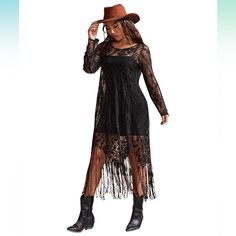 Lace With Fringe Trim Dress. Sheer Dress Only- Slip Dress Under Not Included. Black. Size Xl Sheer Long Sleeve, Fringe Trim, Sheer Dress, Floral Lace, Rome, Long Dress, Colorful Dresses, Slip Dress, Round Neck