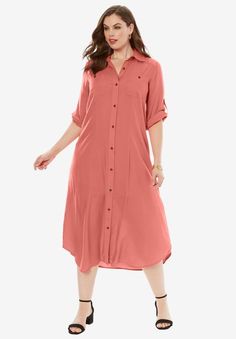 Safari Dress, DUSTY CORAL Summer Button-up Shirt Dress With Roll-up Sleeves, Casual Midi-length Shirt Dress With Roll-up Sleeves, Casual Midi Length Shirt Dress With Roll-up Sleeves, Casual Midi Shirt Dress With Roll-up Sleeves, Casual Shirt Dress With Roll-up Sleeves And Spread Collar, Casual Dresses With 3/4 Roll-up Sleeves, Casual Dress With 3/4 Roll-up Sleeves, Casual Dresses With Roll-up 3/4 Sleeves, Casual Dress With Roll-up 3/4 Sleeves