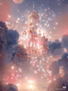 an artistic painting of a pink building surrounded by clouds and stars in the night sky