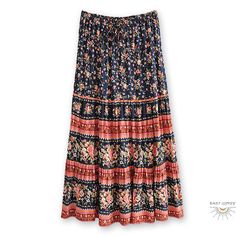 This Boho A-Line Skirt Is Perfect For The Everyday Goddess. This Elastic Waist Skirt Is A Very Versatile Piece That Can Be Worn As A Festival Skirt. Dress It Up With A Crop Top For An Effortless Casual-Chic Look! Ideal For Any Occasion, Or To Give As A Best Friend's Gift, This Unique Boho Skirt Is Truly Something To Behold. Boho Midi Skirt Pull-On Style Elastic Drawstring Waist Finished With Brass Beads Relaxed Ruffle Hem Lightweight, Flowy Fabric *Slim Fit: Recommended To Size Up Measurements A Hippie Women, Printed Long Skirt, Romantic Floral Print, Hippie Skirts, Festival Skirts, Rock Outfit, Boho Skirt, Elastic Waist Skirt, Holiday Beach