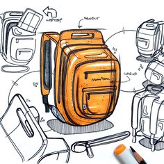 a drawing of an orange backpack and other items