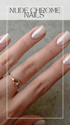 Champagne Chrome French Tip Nails, Beige With Chrome Nails, Neutral Chrome Nails Short, Neutral Nail Ideas Classy, Neutral Crome Nails, Neutral Glazed Nails, Neutral Chrome Nails Square, Nails To Match Champagne Dress, Nail Ideas For Engagement Photos