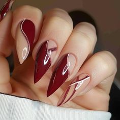 Burgundy Thanksgiving Nails, Wanda Maximoff Nails Designs, Oxblood Nail Designs, Deep Red Nails Designs Burgundy, Burgundy Nails Stiletto, Burgundy Nail Designs Fall, Nude And Burgundy Nails, Nude And Red Nail Designs, Wanda Nails