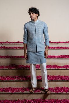 Step into the realm of artisanal elegance with our captivating Blue Kantha Nehru Jacket. Explore the enchantment of Kantha embroidery and elevate your style effortlessly. Embrace tradition with a modern twist in this exquisite set.   #GroomsMen #IndianGroom #BastraVastra #BlueKantha #ArtisanalBeauty #KanthaEmbroidery #NehruJacket #MensFashion Koti Kurta For Men Wedding, Nehru Jacket For Men Wedding, Men Ethnic Wear India, Wedding Guest Men, Stylish Boy Clothes, Nehru Jacket For Men, Wedding Kurta, Stylish Boy