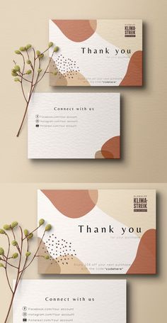 two business cards with flowers on them and the words thank you written in different languages