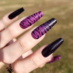 Violet safari is a glossy and matte set, hand painted with a black gloss gel for the zebra print design.   The set shown is in STILETTO/LONG, but this design can be done on any shape/length I offer. Customize this set to fit any lifestyle with multiple shape/length options to choose from.   *You will need to know your nail sizes before placing an order. You can measure your nails at home for free by using the charts located in the product photos, or for a sure fit you can purchase a sizing kit for $5.00 in my shop.  *Violet Safari is a 14-nail set, your 10 sizes plus 4 extra nails. *Application kit and instructions are included. Purple Halloween Nails Coffin, Purple And Black Goth Nails, Purple Zebra Print Nails, Panther Nails Designs, Purple Animal Print Nails, Purple Zebra Nails, Zebra Nails Animal Prints, Purple And Black Acrylic Nails, Zebra Nails Acrylic