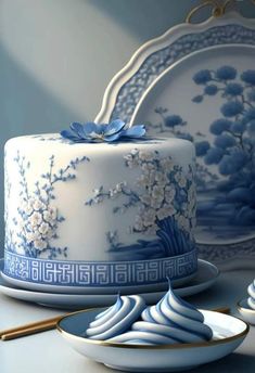 a blue and white cake sitting on top of a table next to plates with chopsticks