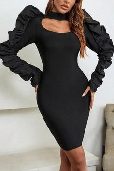 Top Tier Ruffle Embellished Mini Dress - S / Black - Dresses Elegant Ruched Ruffle Mini Dress, Fitted Ruched Ruffle Sleeve Dress, Fitted Ruffle Sleeve Dress With Ruched Detail, Elegant Ruffle Midi Dress For Night Out, Elegant Midi Length Ruffle Dress For Night Out, Feminine Ruched Ruffle Dress For Evening, Elegant Stretch Dresses With Ruffles, Ruffle Sleeve Dresses With Ruffle Hem For Night Out, Fitted Mini Dress With Ruffle Sleeves For Evening