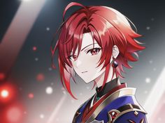 an anime character with red hair and piercings in front of a dark background, looking at the camera