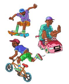 three kids are riding their bikes and one is on a skateboard, the other has a car