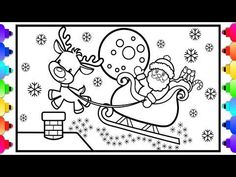 a coloring page with santa and reindeer on sleigh