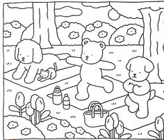 a coloring page with teddy bears playing in the park