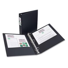 a black binder with three rings and two folders on top of each other