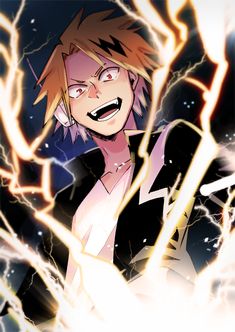 an anime character with blonde hair and lightning in the sky behind him is looking at something