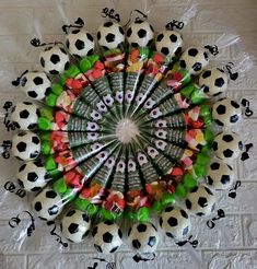 an arrangement of soccer balls arranged in a circle