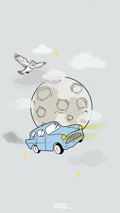 an image of a car flying in front of the moon with a bird above it