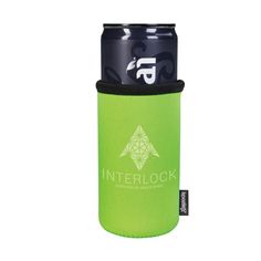 a can cooler with an interlock logo on the front and side, in green