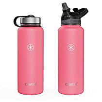 the water bottle is pink and has a black cap on it's side, with an insulated lid