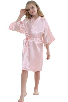 PRICES MAY VARY. GREAT KIDS PARTY ROBES: Beautiful kimono robe design. This flower girl robe will be perfect for kid girl to wear for the wedding, spa and costume party; and it's a great robe to throw on while your kid girl is lounging in the house after getting out of the shower. FIT MOST GIRLS WITH HEIGHT FROM 2'7" TO 5'1": We provide sizes ranges from 4 to 14. Most girls with height from 2'7" to 5'1" will get a well-fitting robe through adjusting the waist tie. Please see MORFORU size chart a Bridesmaid Robe Personalized, Satin Bridesmaids Robes, Lace Bridal Robe, Girls Robes, Bridal Party Robes, Lace Bridesmaids, Satin Kimono, Wedding Robe, Women's Sleepwear