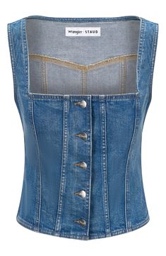 From a collab between brands representing fresh fashion and rugged heritage comes a denim bustier top tricked out in trucker trims. Exclusive retailer Front button closure Square neck Sleeveless 78% cotton, 20% recycled cotton, 2% elastane Dry clean Imported Square Neck Bustier Top, Denim High Fashion, Denim Bustier Top, Denim Clothes, Denim Bustier, Cool Girl Outfits, Denim Tank Top, Fresh Fashion, Corset Fashion