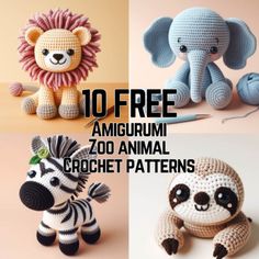 four amigurmi animal crochet patterns with text overlay reading 10 free amigurmi zoo animal crochet patterns