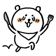 a drawing of a cartoon bear holding a knife and fork in the air with one hand