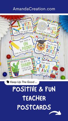 two pictures with the words positive and fun teacher postcards on them, one has an image