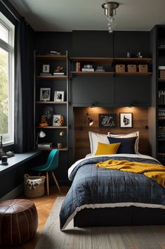 a bed room with a neatly made bed next to a window and a shelf filled with books