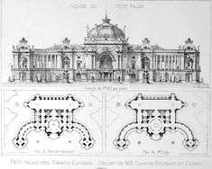 an architectural drawing of the palace in paris, with plans and elevations for each building