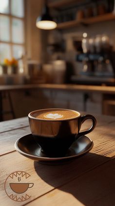 a cup of coffee sitting on top of a wooden table