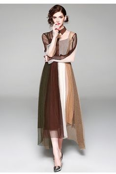 Elegant Turn-Down Collar Long Sleeve Patchwork Long Dress - Uniqistic.com Long Mesh Dress, Evening Dresses Online, Nature Dress, Long Evening Dress, Petal Sleeve, Irregular Hem, Multicolor Dress, Women Long Dresses, Unique Dresses