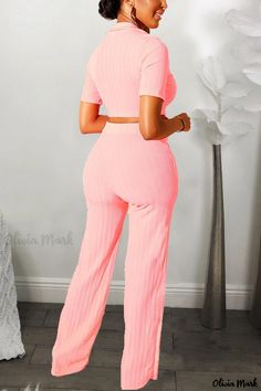 Olivia Mark - Emerald Green Solid Straight Short Sleeve Two-Piece Pants Set - Contemporary Casual Ensemble Solid Matching Pant Set For Spring, Spring Solid Color Matching Pant Set, Pink Solid Color Spring Sets, Casual Two-piece High Waist Set, Pink Solid Color Summer Sets, Casual High Waist Two-piece Set, Casual Solid Two-piece Jumpsuits And Rompers, Casual High-waisted Two-piece Set, Casual Two-piece Jumpsuit