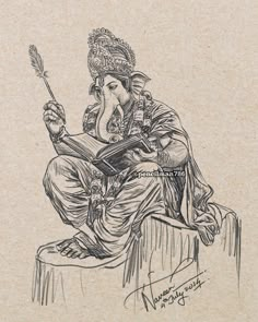 an ink drawing of lord ganesha sitting on a stool reading a book and holding a feather