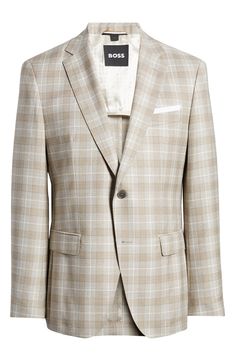 A smart plaid patterns a sport coat tailored from virgin wool and framed with notched lapels for timeless sophistication. 30" length (size 42R) Notched lapels Nonfunctional four-button cuffs Chest welt pocket; front flap pockets Side vents Partially lined, with taped seams 100% virgin wool Dry clean Made in Turkey Hugo Boss/BOSS/HUGO has received the Fair Labor Association accreditation, which signifies that the company has effective systems and procedures in place to successfully uphold fair la Fitted Plaid Sport Coat With Concealed Placket, Fitted Plaid Sport Coat With Notch Lapel, Tailored Plaid Sport Coat With Suit Collar, Elegant Plaid Sport Coat With Suit Collar, Classic Plaid Notch Lapel Blazer, Classic Notch Lapel Plaid Blazer, Classic Plaid Blazer With Notch Lapel, Fitted Plaid Tweed Jacket With Concealed Placket, Tailored Timeless Plaid Blazer