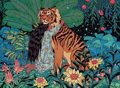 a painting of a tiger sitting in the middle of flowers and plants with leaves around it