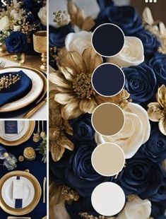 blue and gold wedding color palettes for the bride's bouquet, table setting