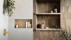 a bathroom with shelves and plants on the wall