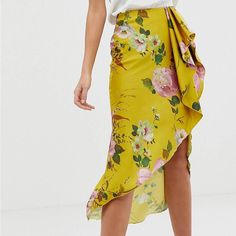 Absolutely Stunning Waterfall Midi Skirt In Nwot Condition. Did Not Get A Chance To Wear This Beautiful Skirt. It’s Even More Beautiful In Person. Size 2 Yellow Bottoms For Spring Brunch, Yellow Floral Print Bottoms For Spring, Yellow Bottoms With Floral Print For Spring, Chic Yellow Skirt For Brunch, Yellow Pleated Skirt For Spring, Yellow Flowy Skirt For Brunch, Yellow Skirt For Brunch In Spring, Yellow Skirt For Spring Brunch, Flowy Yellow Skirt For Brunch