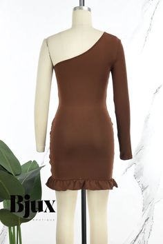 Bjux - Elegant Solid Backless Long Dress with Oblique Collar - The Perfect Choice for Sophisticated Casual Attire Elegant Brown One-shoulder Mini Dress, Flirty Fitted Brown Mini Dress, Sophisticated Casual, Backless Long Dress, Two Piece Jumpsuit, Dress Sleeve Styles, Long Sleeve Dresses, Hip Dress, Sleeve Dresses