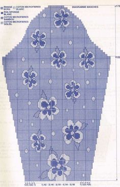 a blue and white cross - stitch pattern with flowers on the top, in different sizes