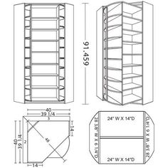 the measurements for an open shelving unit, including two shelves and one side door