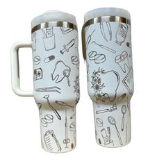 two cups with different types of kitchen utensils on them