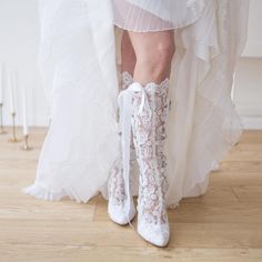 Shoe Size: 40 EURO - 7 UK - 9 US Bridal Cowboy Boots, Winter Wedding Boots, White Wedding Boots, Lace Wedding Boots, House Of Elliot, Bridal Shoes Vintage, Lace Knee High Boots, Classic Black Boots, Bridal Boots