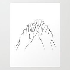 three hands reaching up to the sky with their fingers in the air, black and white art print