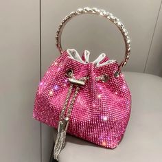 Sparkling Pink Rhinestone Bucket Bag Elegant Pink Bag For Night Out, Chic Pink Evening Bag For Party, Pink Glamorous Evening Bag, Glamorous Pink Evening Bag, Elegant Pink Evening Bag, Cherry Bag, Diamond Bag, Rhinestone Handbags, Round Handle