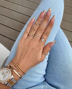 Gold Tip Nails, Kutek Disney, Almond Nails Designs, Almond Acrylic Nails, Hot Nails, Dream Nails, Pretty Acrylic Nails