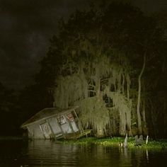 a boat that is sitting in the water at night with moss growing on it's sides