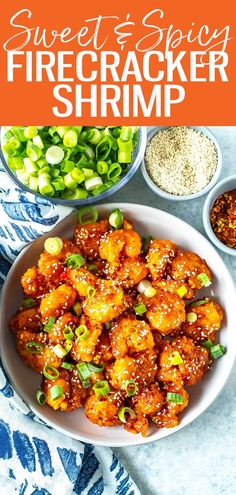 sweet and spicy firecracker shrimp in a white bowl with sesame seeds on the side